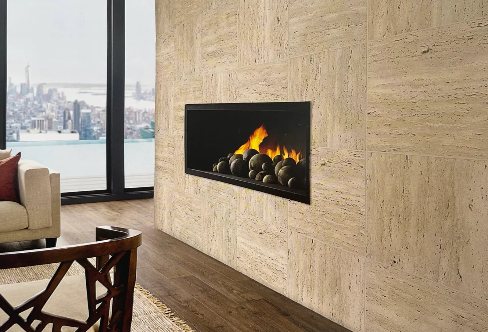 Room with light Travertine, sand beige with linear banding