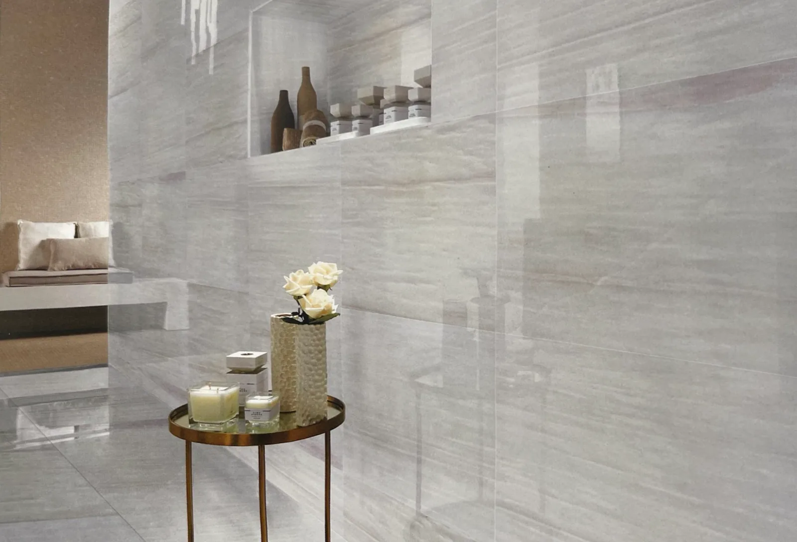 Room with rainbow White marble, off-white with soft linear bands