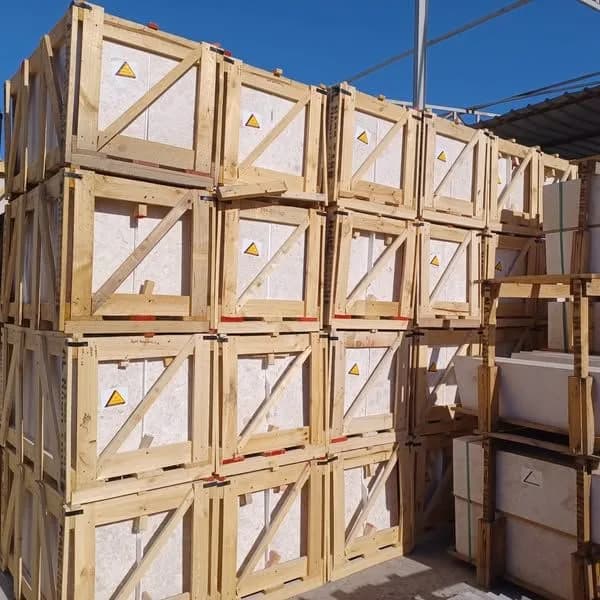 Crates of Omani marble tiles at the Alderwaza stone yard